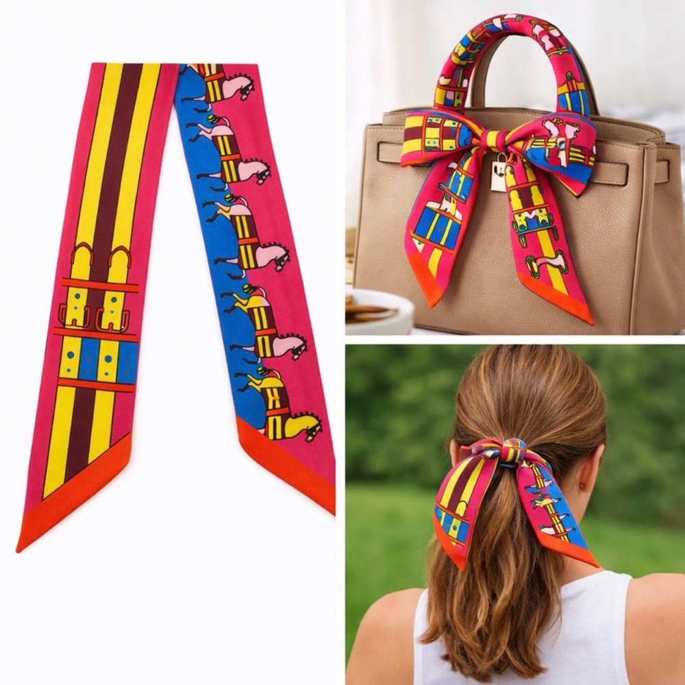 HOT PINK COLORFUL EQUESTRIAN SKINNY SCARF BAG HANDLE WRAP HAIR TIE NECK BANDEAU